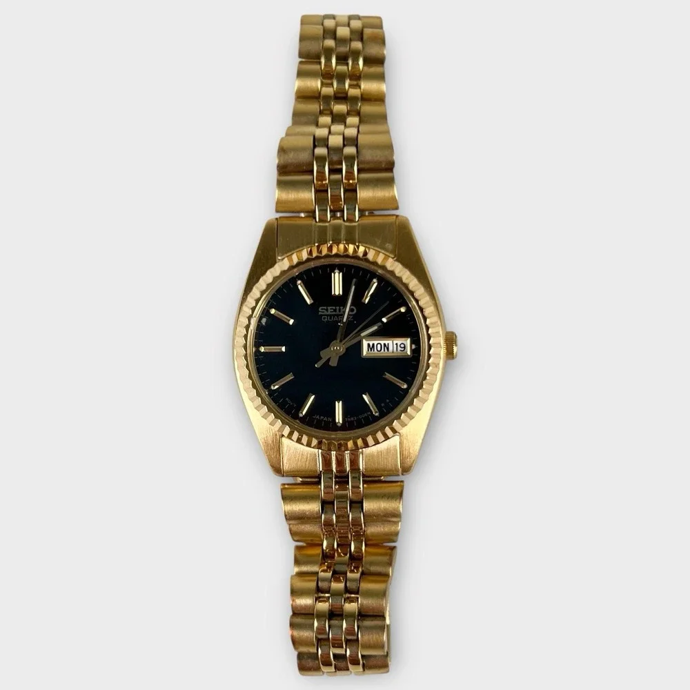 Vintage Seiko Quartz Gold Tone Day Date Black Dial Women's Watch - Picture 2 of 7